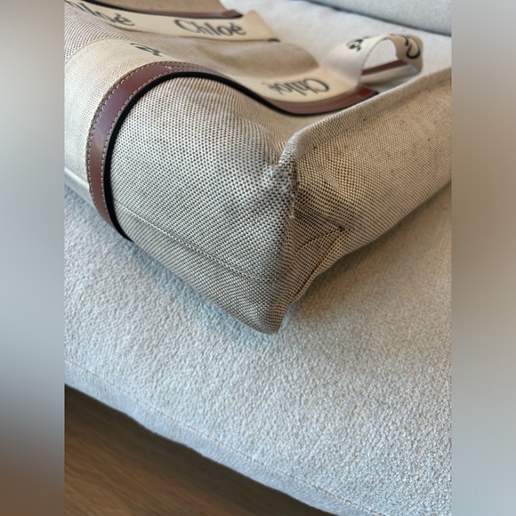 Chloe large woody tote bag in linen, cream with brown leather detail - Picture 8 of 11